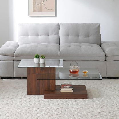Glass Coffee Table with Storage, 44 Inch Rectangular Coffee Tables for Living Room, 3-Tier Tempered Glass Wooden Center Table Modern Accent Cocktail Table for Home Office (Walnut)