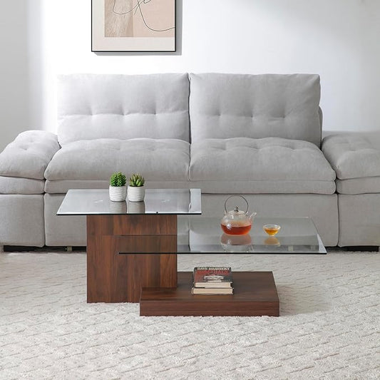 Glass Coffee Table with Storage, 44 Inch Rectangular Coffee Tables for Living Room, 3-Tier Tempered Glass Wooden Center Table Modern Accent Cocktail Table for Home Office (Walnut)