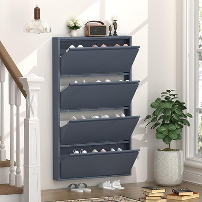 GREATMEET Shoe Cabinet with 4 Flip Drawers, Slim Metal Shoe Cabinet Storage for Entryway, Hidden Narrow Shoe Rack Organizer Cabinets Wall Mount for Living Room, Bedroom, Hallway, Blue