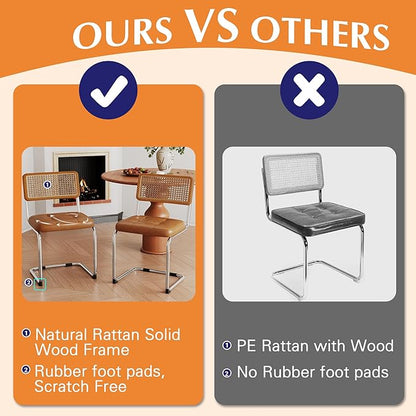 Alunaune Modern Mid Century Brown Dining Chairs Set of 2, Upholstered Natural Rattan Kitchen Chairs, Armless Accent Chair Side Chairs with Metal Chrome Legs for Bedroom Living Room-PU Seat