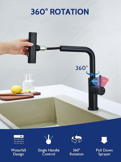 Kitchen Faucet with Pull Down Sprayer, Waterfall Single Hole Single Handle Sink Faucets with Pull-Down Sprayer for RV Kitchen Camper, Matte Black