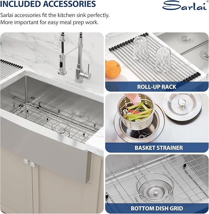 Sarlai 33 Farmhouse Sink Stainless Steel - 33x21 Inch Kitchen Sink Apron Front Stainless Steel 16 Gauge Single Bowl Kitchen Farm Sinks Basin