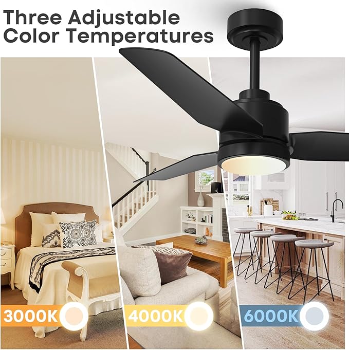 42 Inch Black Ceiling Fans with Lights and Remote/APP, Modern Ceiling Fan for Living Room Outdoor Ceiling Fan 6-Speed Adjustable Reversible DC Motor Timer Noiseless 3CCT Dimmable for Bedroom Office