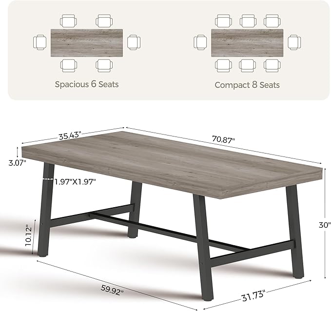 70 Inch Farmhouse Dining Table for 6 to 8, Large Rectangular Dinner Table for Dining Room, Home Office, Living Room, Gray