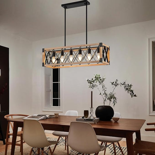 Wood Chandeliers for Dining Room,Black Farmhouse Dining Room Light Fixtures,Rustic Kitchen Light Fixtures for Kitchen Island,Bar, Coffee Shop, Adjustable Hanging Pendant Light 6-Lights