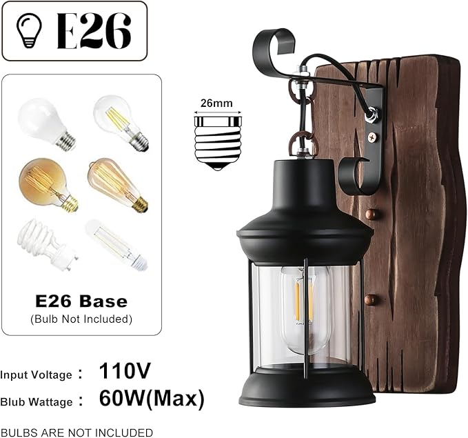 Rustic Wall Sconces Farmhouse Wood Wall Light Fixtures Retro Industrial Wall Lamp for Stairway Hallway Dining Room Loft Indoor Areas