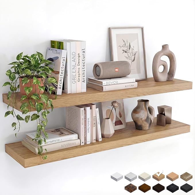 INHABIT UNION Oak Floating Shelves Set of 2，35.43in Wall Mounted Display Ledge Shelves for Bedroom, Bathroom, Living Room and Kitchen Decoration Storage