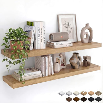 INHABIT UNION Oak Floating Shelves Set of 2，35.43in Wall Mounted Display Ledge Shelves for Bedroom, Bathroom, Living Room and Kitchen Decoration Storage