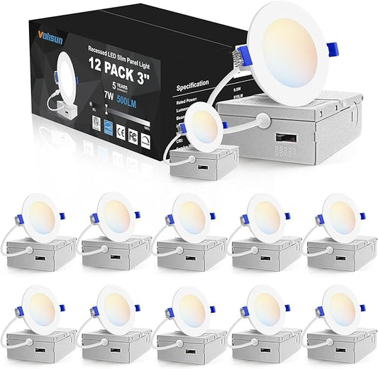 VOLISUN 12 Pack 3 inch Recessed Lighting, 5CCT LED Recessed Light with Junction Box, 2700K-5000K Selectable, Dimmable Canless Wafer Downlight, LED Ceiling Light ETL Certificated