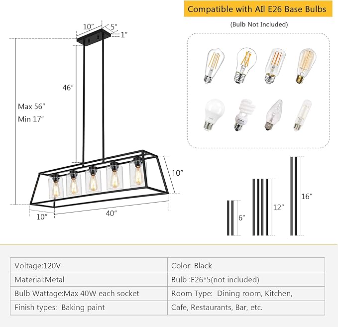 Kitchen Island Lighting,5-Light Black Chandeliers for Dining Room Light Fixtures Over Table, Farmhouse Rectangle Chandelier Island Lights for Kitchen with Cylinder Clear Glass