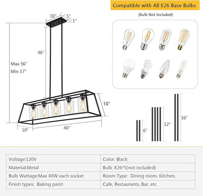Kitchen Island Lighting,5-Light Black Chandeliers for Dining Room Light Fixtures Over Table, Farmhouse Rectangle Chandelier Island Lights for Kitchen with Cylinder Clear Glass