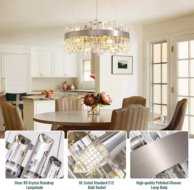 Siljoy Modern Crystal Chandelier 12-Light Brushed Nickel Luxury 2-Tiers K9 Crystal Raindrop Chandelier Dimmable Crystal Ceiling Light for Dining Living Room Kitchen Entryway Foyer D23.6''