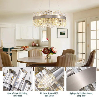 Siljoy Modern Crystal Chandelier 12-Light Brushed Nickel Luxury 2-Tiers K9 Crystal Raindrop Chandelier Dimmable Crystal Ceiling Light for Dining Living Room Kitchen Entryway Foyer D23.6''
