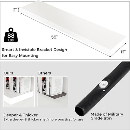 Venusmiles Floating Shelves for Wall, 55 Inch Wide x 12 Inch Deep Floating Shelves, Long Wood Floating Wall Shelf Shelves for Living Room Bathroom Bedroom Kitchen Home - (White, 55" W x 12" D x 2" H)