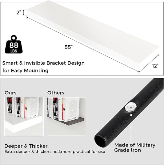 Venusmiles Floating Shelves for Wall, 55 Inch Wide x 12 Inch Deep Floating Shelves, Long Wood Floating Wall Shelf Shelves for Living Room Bathroom Bedroom Kitchen Home - (White, 55" W x 12" D x 2" H)