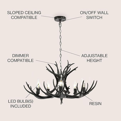 JONATHAN Y 30" Black Rustic Resin Antler 5-Light LED Chandelier, Farmhouse Faux Deer Horn Hanging Ceiling Light for Dining Room, Kitchen Island, Adjustable Light Fixture (JYL6300C)