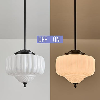 FCTWAKS Schoolhouse Pendant Light, 12" Black Schoolhouse Ceiling Light Fixture with Milk Glass White Shade, Adjustable Height, Mid Century Modern Pendant Lighting for Kitchen Island Dining Room
