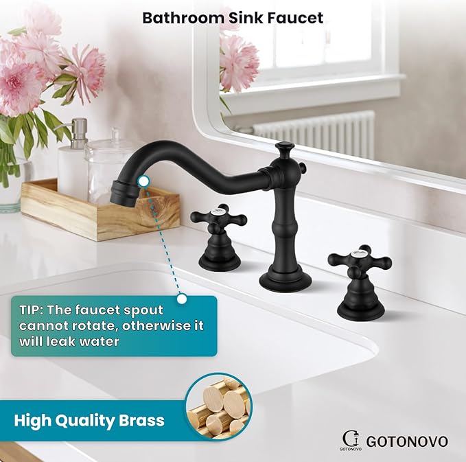 gotonovo Bathroom Faucet 3 Hole 8 Inch Widespread Bathroom Sink Faucet 2 Cross Handles Vintage Lavatory Vanity Mixer Tap with Pop Up Drain, Round Font Label, Matte Black
