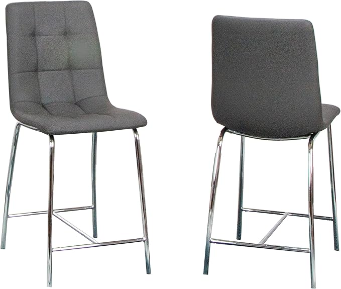 Sunset Trading Nia 24" Faux Leather Barstools | 2 Counter Height Stools | Chrome Legs with Footrest | Charcoal Gray Upholstered Tufted Seat & High Back | Dining Room, Home Bar, Kitchen Island Seating