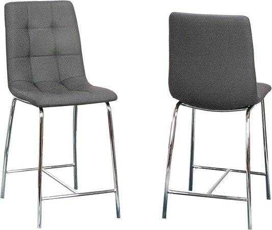 Sunset Trading Nia 24" Faux Leather Barstools | 2 Counter Height Stools | Chrome Legs with Footrest | Charcoal Gray Upholstered Tufted Seat & High Back | Dining Room, Home Bar, Kitchen Island Seating