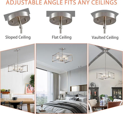 4-Light Farmhouse Chandelier for Dining Room, 15.7" Modern Brushed Nickel Ceiling Light Fixture, Adjustable Height Pendant Lighting for Kitchen, Living Room, Hallway, Bedroom, Foyer