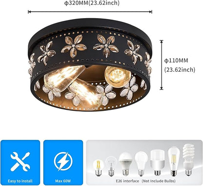 12.6 inch Black Flush Mount Ceiling Light Fixtures, 3-Light Ceiling Mount for Industrial, Crystal Light Fixtures for Farmhouse, Bedroom, Living Room, Kitchen, Hallway and Foyer (2 Pack)