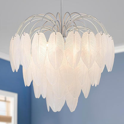 LumFurn D21inch Glass Chandeliers, 8-Light Modern Pendant Light Fixture for Dining Room, Living Room, D21 x H24~54" Adjustable Height, Frosted Feather-Shaped Glass Shade & Silver Finish Frame