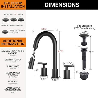 Ryuwanku Matte Black Pull Down Bathroom Faucet with Pop-up Drain, 8 inch Widespread Bathroom Faucet 3 Hole with Pull Down Sprayer 2 Modes. 8'' Matte Black Bathroom Faucet with Supply Lines