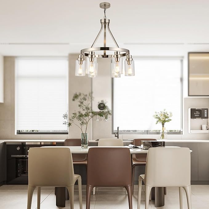 Brushed Nickel Chandeliers 6 Light Modern Dining Room Lighting Fixtures Hanging, Kitchen Island Linear Pendant Lights Farmhouse Flush Mount Ceiling Light with Glass Shade