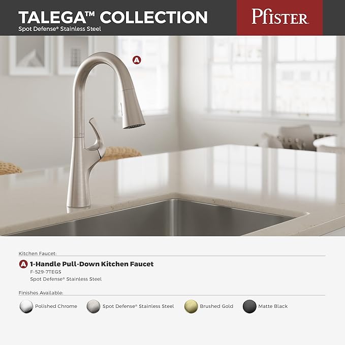 Pfister Talega Kitchen Sink Faucet with Pull Down Sprayer Single Handle High Arc Spout Spot Defense Stainless Steel NSF Certified 1 or 3 Hole Installation F5297TEGS