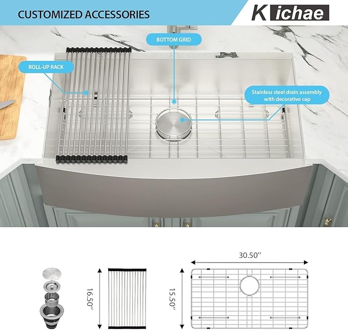 Kichae 33 Inch Farmer Sink - 33 x 20 Farmhouse Sink Stainless Steel 16 Gauge Single Bowl Apron Front Farm Style Basin