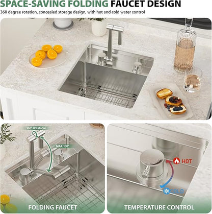 16x17 Inch Outdoor Sink Undermount RV Sink Workstation 16 Gauge Stainless Steel Single Bowl Handmade Concealed Outdoor Kitchen Sinks With Folding Faucet 16"x17"x9"