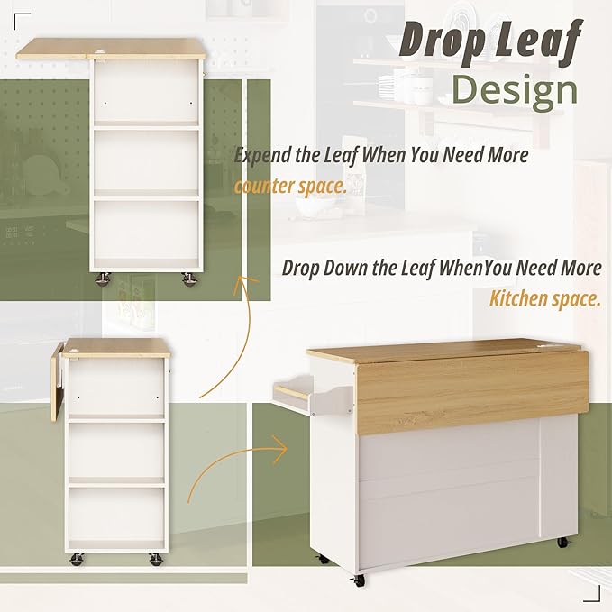 IRONCK Rolling Kitchen Island with Storage, Kitchen Cart Cabinet with Drop-Leaf & Charging Station Drawer & Shelves & Spice Rack 47" W x 30" D White