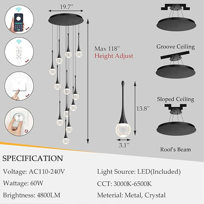 12 Light High Ceiling Crystal Chandelier Dimmable LED Pendant Lights with Remote Adjustable Chandeliers for Foyer Staircase Living Room Black
