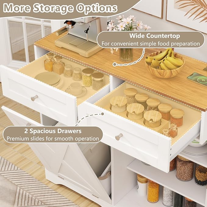 Giantex Tilt Out Trash Can Cabinet 10 Gallon, Kitchen Island with Power Outlet, 2 Drawers, Adjustable Shelves, Hidden Storage Garbage Bin Cabinet for Laundry Room Dining Room (White+Walnut)