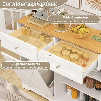 Giantex Tilt Out Trash Can Cabinet 10 Gallon, Kitchen Island with Power Outlet, 2 Drawers, Adjustable Shelves, Hidden Storage Garbage Bin Cabinet for Laundry Room Dining Room (White+Walnut)