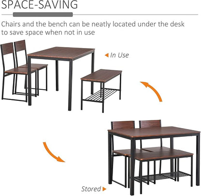 HOMCOM Industrial 4 Piece Dining Room Table Set with Bench Wooden Kitchen Table and Chairs w/Storage Rack for Kitchen, Dinette, Black/Brown