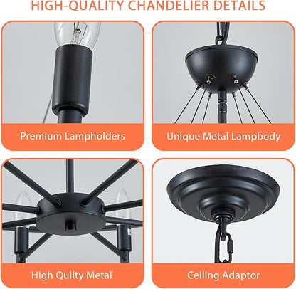 Black Chandelier, 31" Large 8-Light Industrial Chandeliers for Dining Room, Round Farmhouse Kitchen Pendant Lighting Fixture for Entryway, Living Room, Bedroom, Foyer, Office