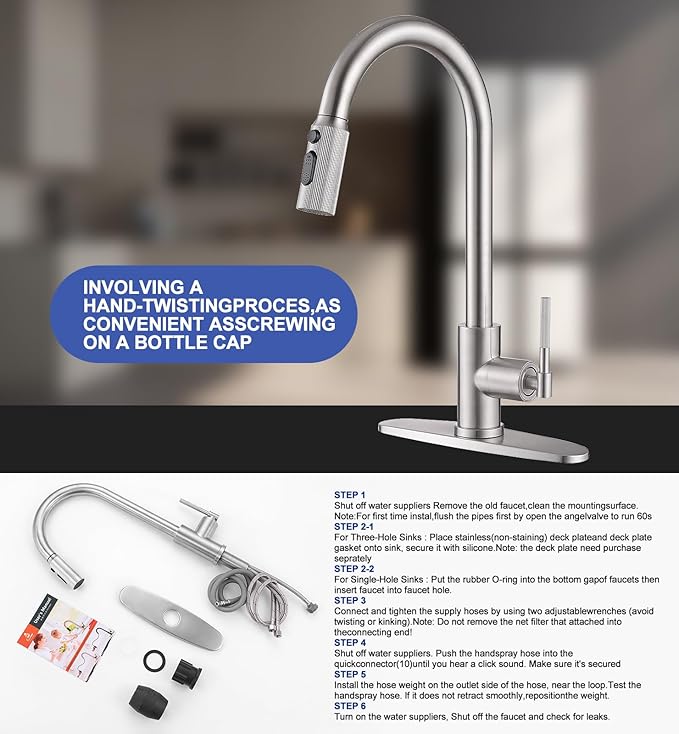 Brushed Nickel Kitchen Sink Faucet with Pull Down Sprayer- High Arc Stainless Steel Single Handle, 3-Spray Mode Metal Head for RV Camper Farm, Fit for 1 or 3 Hole with 10'' Deck Plate