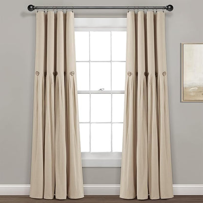 Lush Decor Linen Button Window Curtain Panel, Single, 40" W x 84" L, Dark Linen - Country Curtains - Rustic Decor - Color Block Modern Farmhouse Curtains For Living Room, Bedroom & Dining Room