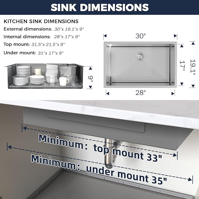 30 Inch Undermount Kitchen Sink - 30x19x9 Kitchen Sinks with Brushed, 18 Gauge 304 Stainless Steel Includes Drain Strainer, Deep Single Bowl Handmade Basin