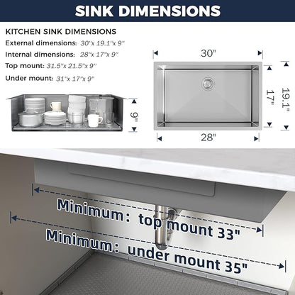 30 Inch Undermount Kitchen Sink - 30x19x9 Kitchen Sinks with Brushed, 18 Gauge 304 Stainless Steel Includes Drain Strainer, Deep Single Bowl Handmade Basin
