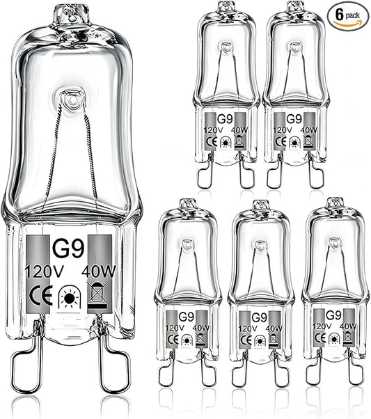 G9 Halogen Bulb 40 Watt 120 Volt, 6 Pcs G9 Halogen Light Bulbs 2 Pin Dimmable T4 JCD Type Bi-Pin Base for Range Hood Light, Microwave, Bathroom Bulb, Chandelier & Cabinet Lights, 2700K Warm White