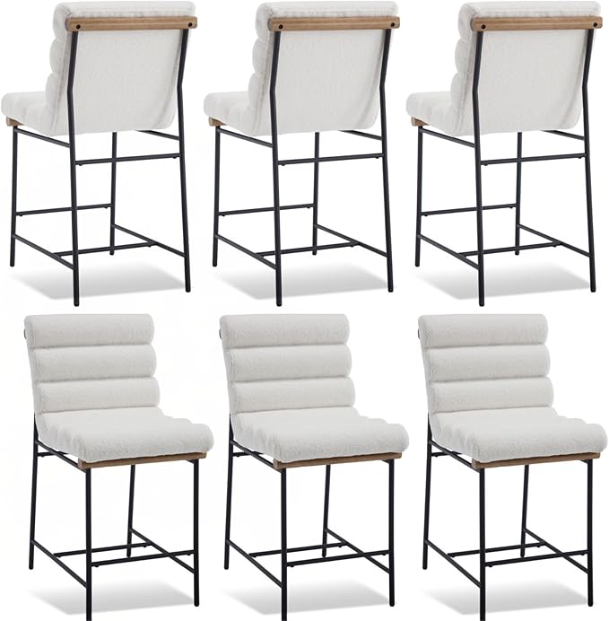 White Boucle Bar stools Set of 6, 25” Modern Upholstered Counter stools with Black Metal Legs, Sherpa Counter Height Chairs for Kitchen Island Armless Stool with Channel Tufted Back
