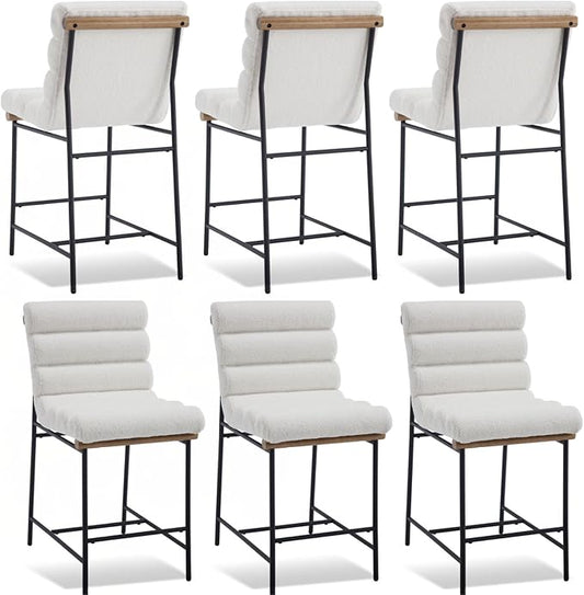 White Boucle Bar stools Set of 6, 25” Modern Upholstered Counter stools with Black Metal Legs, Sherpa Counter Height Chairs for Kitchen Island Armless Stool with Channel Tufted Back