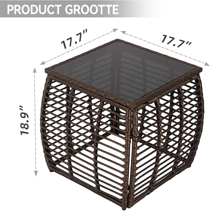 Kinfant Square Outdoor Wicker Side Table – Patio End Table with Tempered Glass Top, All-Weather Rattan Coffee Table for Balcony, Porch, Deck, Garden, Black Gold