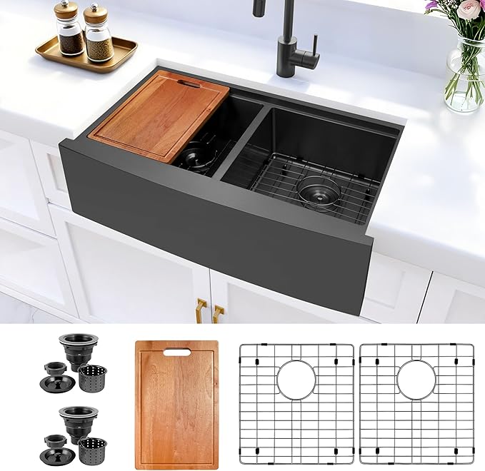 Black Double Farmhouse kitchen Sink,16-Gauge SUS304 Stainless Steel Farm Sinks, 50/50 Apron Front Features Workstaion Sink With Accessories,33''×20''×10" Large and Deep Double Kitchen Sinks