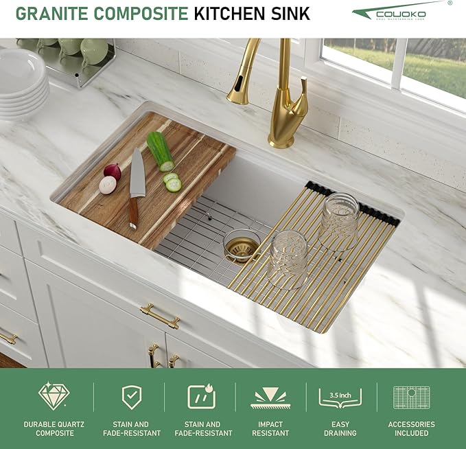 30 Inch White Undermount Kitchen Sink Workstation - Couoko White Granite Composite Undermount Kitchen Sinks Quartz Classic Under Counter Single Bowl Sinks Basin with Luxury Accessories, 30"x19"x10"