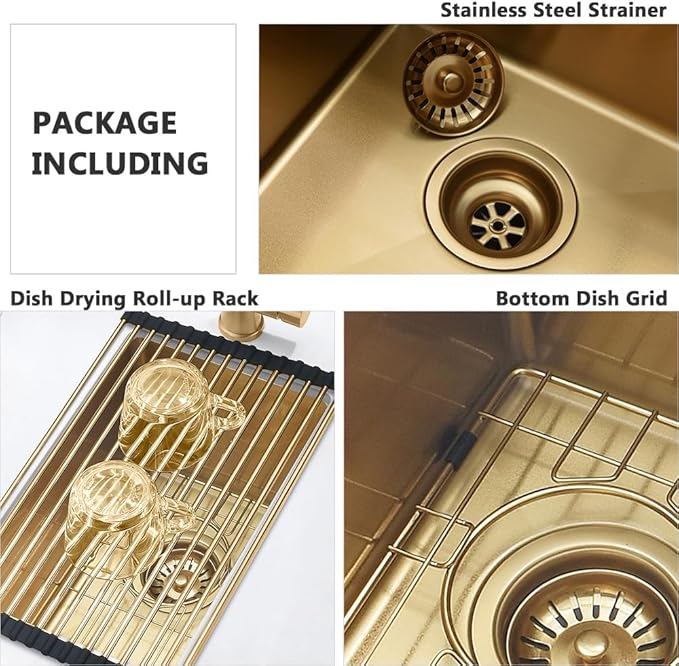 Gold Bar Sink Undermount-VASOYO 10x18 Small Kitchen Sink Undermount Outdoor Rv Sinks 16 Gauge Gold Stainless Steel Single Bowl Deep Wet Bar Sinks with Accessories