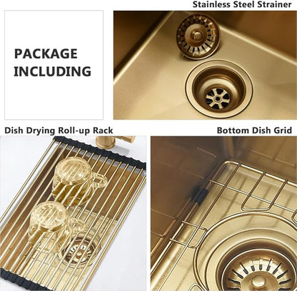 Gold Bar Sink Undermount-VASOYO 10x18 Small Kitchen Sink Undermount Outdoor Rv Sinks 16 Gauge Gold Stainless Steel Single Bowl Deep Wet Bar Sinks with Accessories
